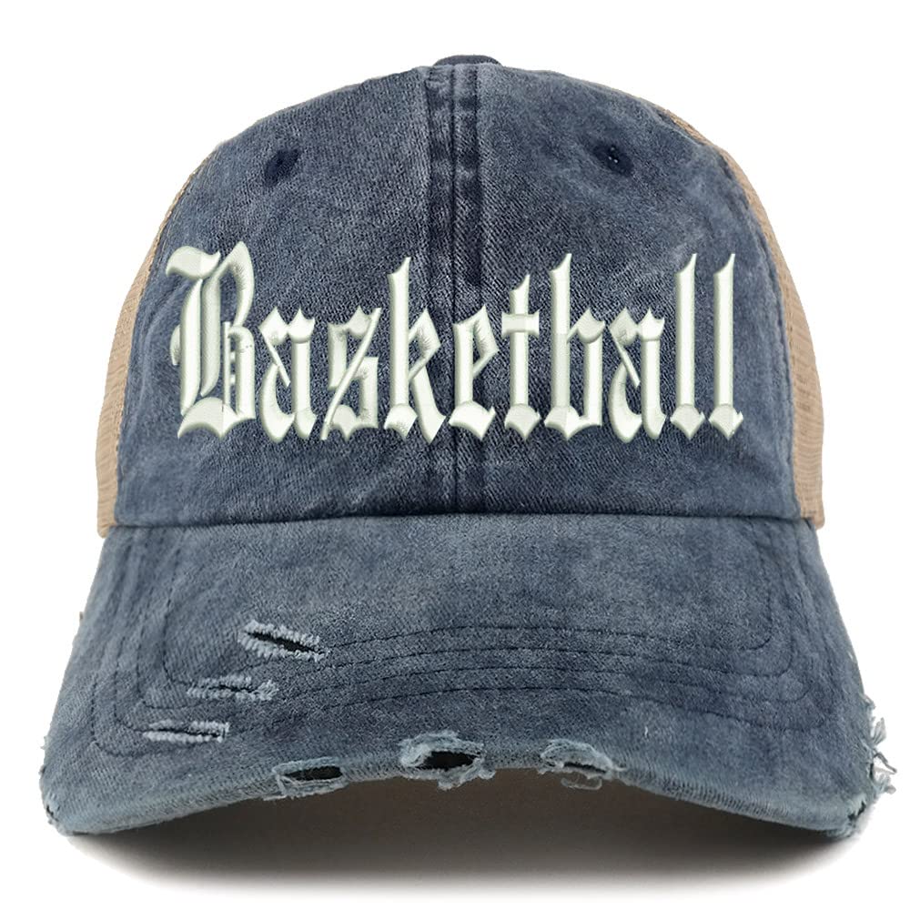 Trendy Apparel Shop Old English Basketball Frayed Bill Trucker Mesh Back Cap