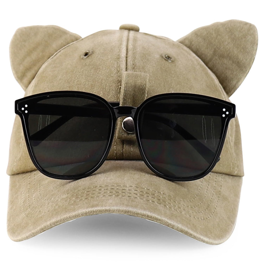 Trendy Apparel Shop Washed Cotton Cat Ear Baseball Cap with Sunglasses Holder