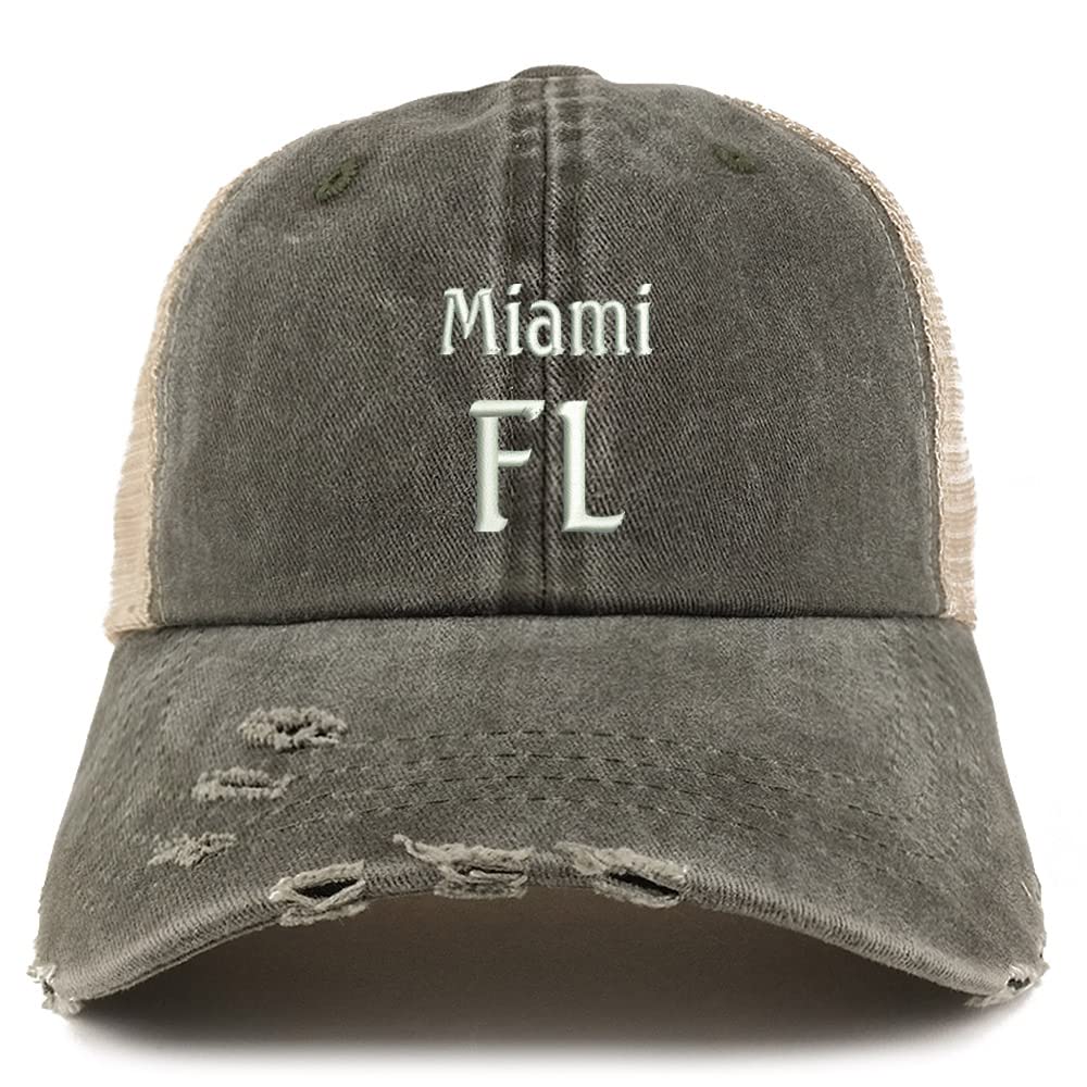 Trendy Apparel Shop Miami FL Embroidered Frayed Bill Trucker Mesh Back Cap