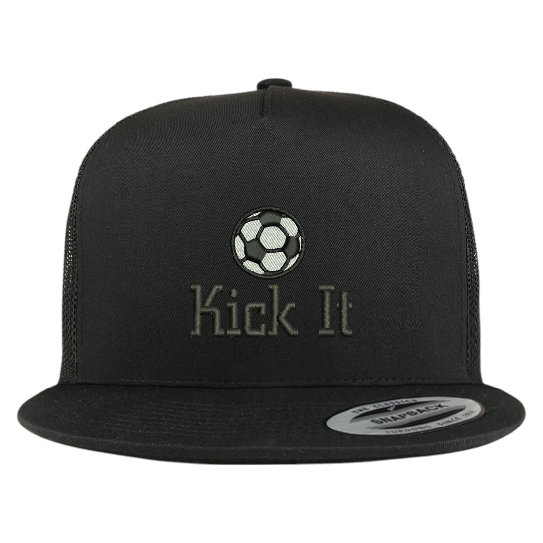 Trendy Apparel Shop Soccer Kick It Embroidered 5 Panel Flatbill Trucker Mesh Cap