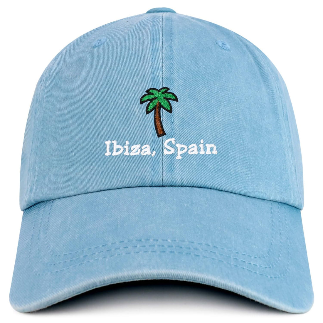 Trendy Apparel Shop Ibiza Spain with Palm Tree Embroidered Pigment Dyed Cotton Baseball Cap