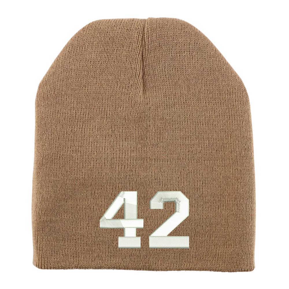 Trendy Apparel Shop Number 42 Collegiate Varsity Font Embroidered Made in USA Short Acrylic Knit Winter Beanie Hat
