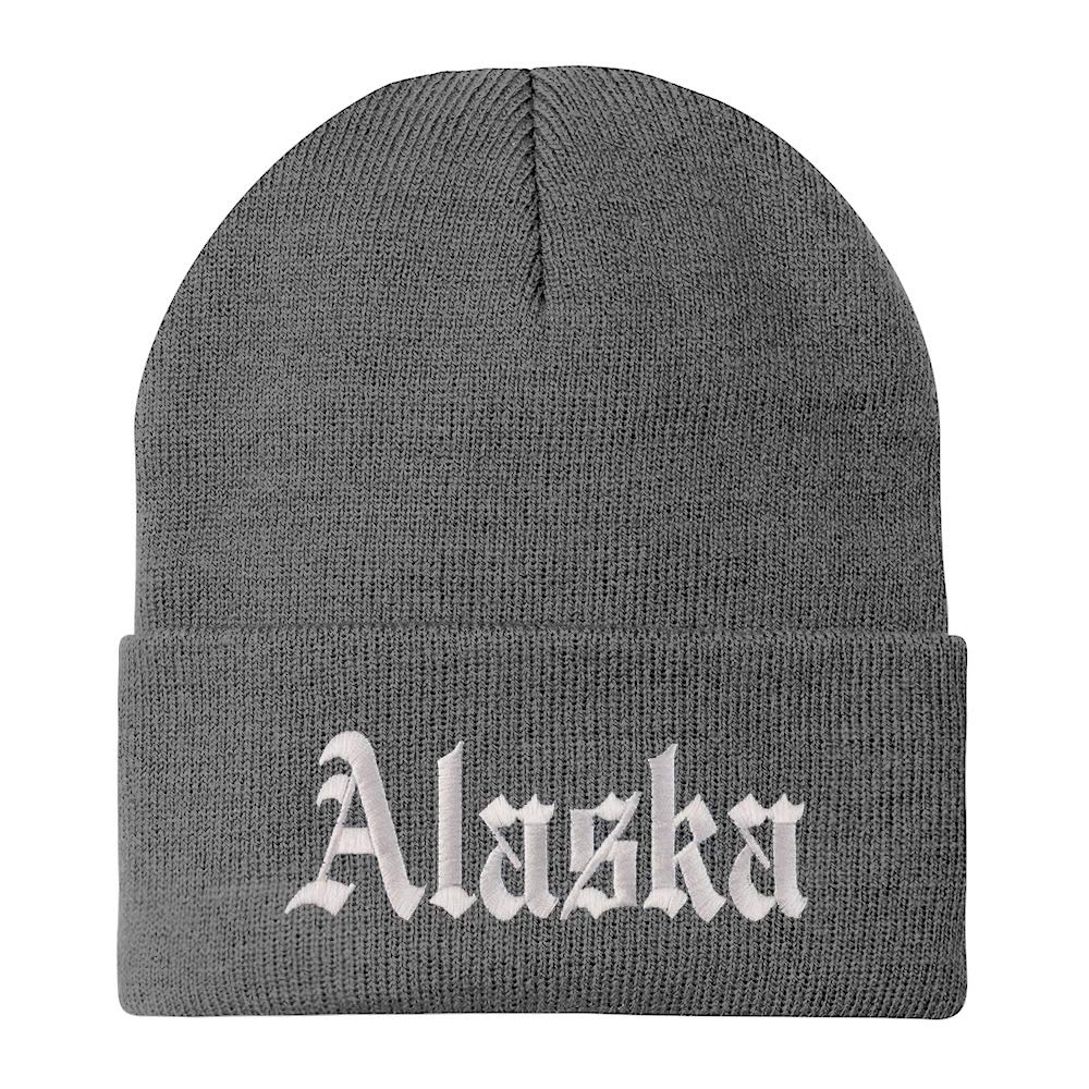 Trendy Apparel Shop Alaska State Old English Embroidered Long Cuff Beanie