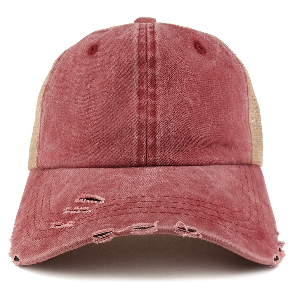 Trendy Apparel Shop Pigment Dyed Front Mesh Back Frayed Bill Trucker Cap