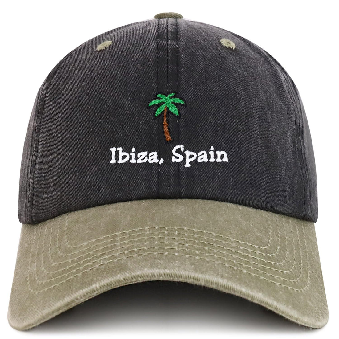Trendy Apparel Shop Ibiza Spain with Palm Tree Embroidered Pigment Dyed Cotton Baseball Cap