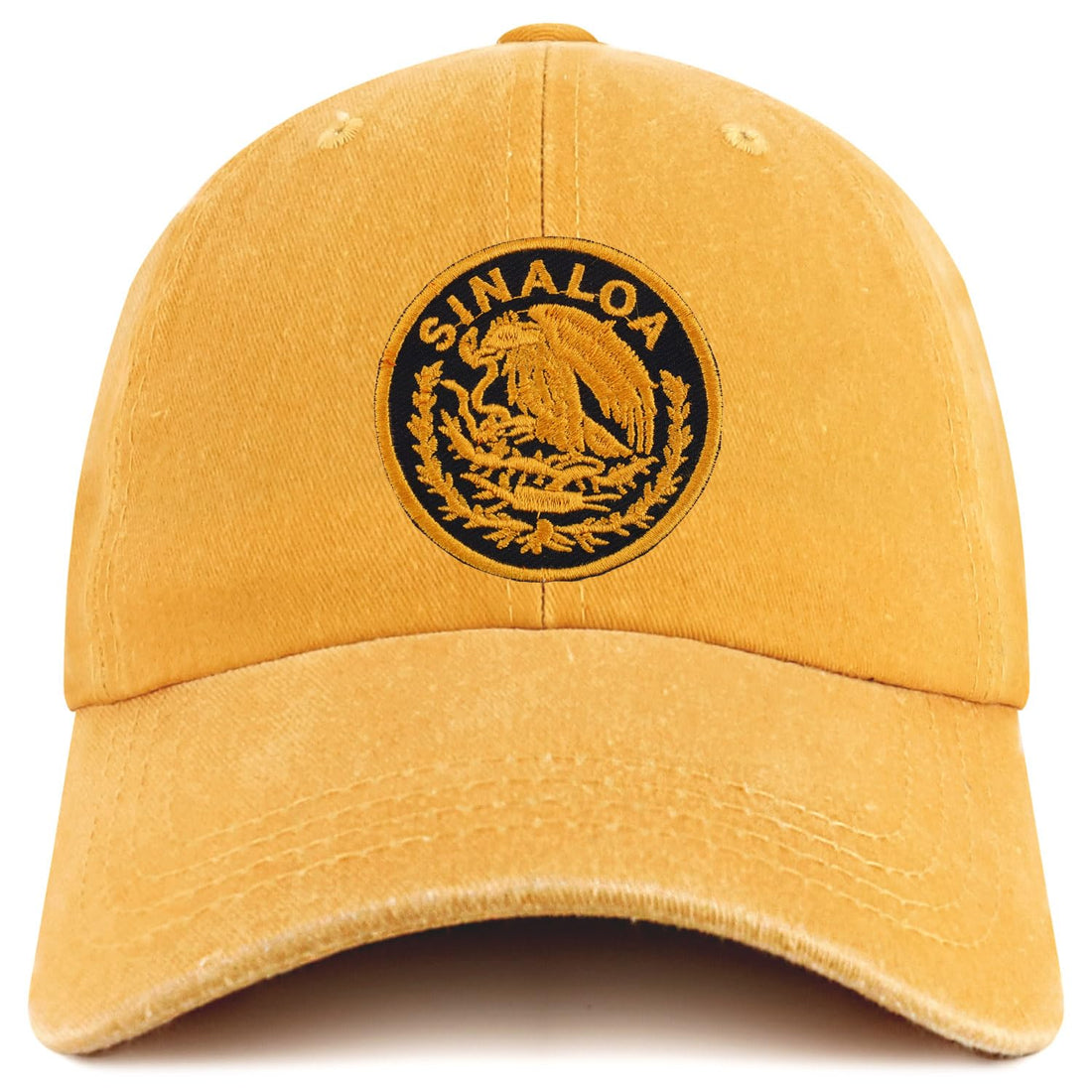 Trendy Apparel Shop Sinaloa Mexico Gold Embroidered Patch Pigment Dyed Washed Baseball Cap