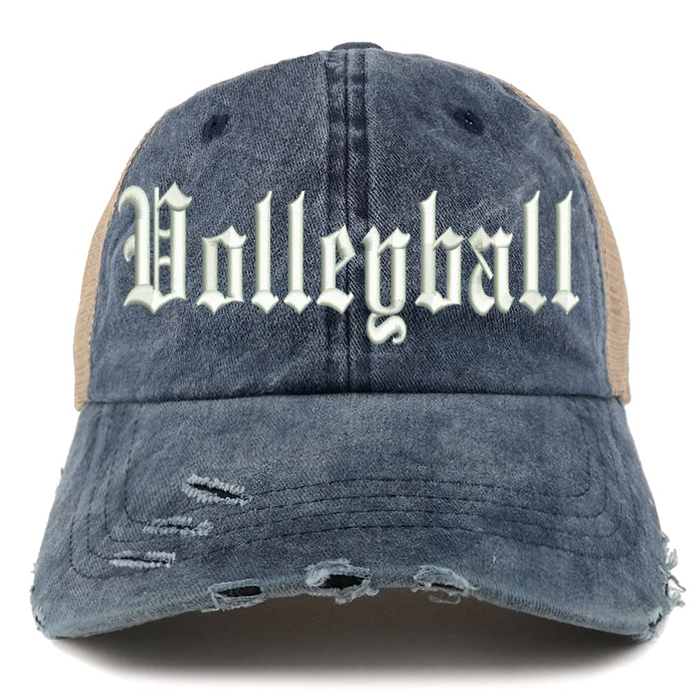 Trendy Apparel Shop Old English Volleyball Frayed Bill Trucker Mesh Back Cap