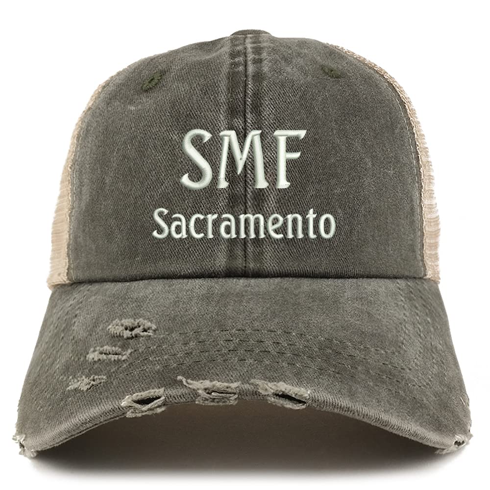 Trendy Apparel Shop SMF Sacramento Embroidered Frayed Bill Trucker Mesh Back Cap