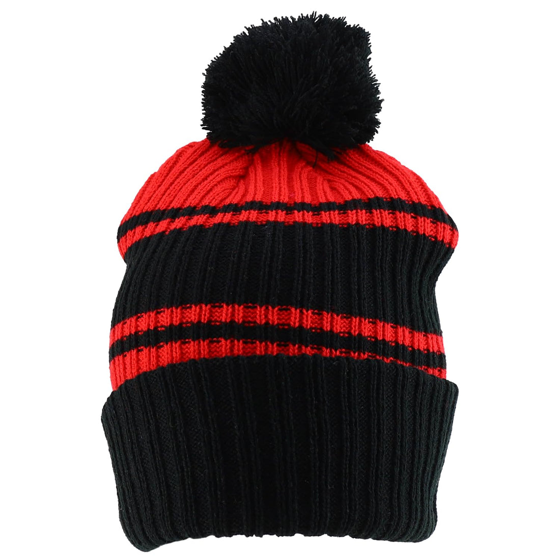 Trendy Apparel Shop Stripe Pattern Ribbed Knit Cuff Long Beanie with Pom Pom