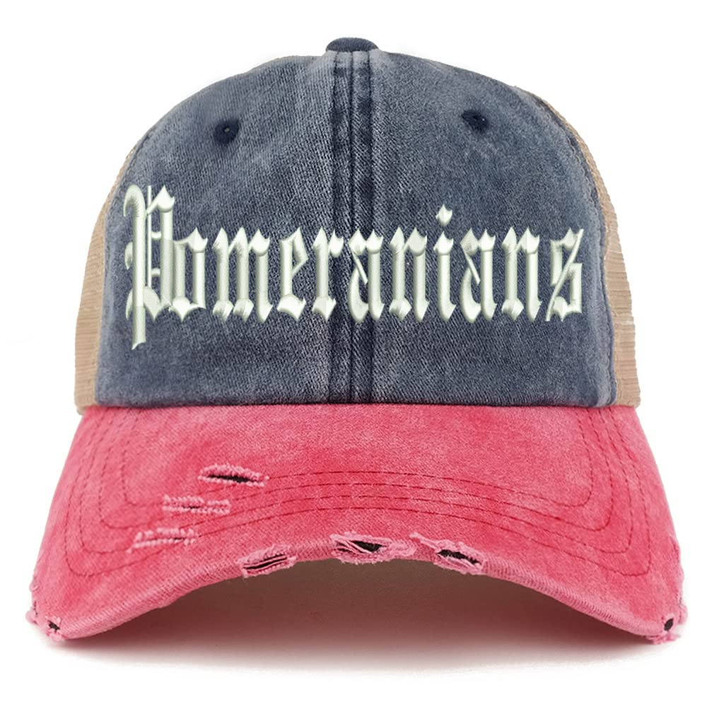 Trendy Apparel Shop Old English Pomeranians Frayed Bill Trucker Mesh Back Cap