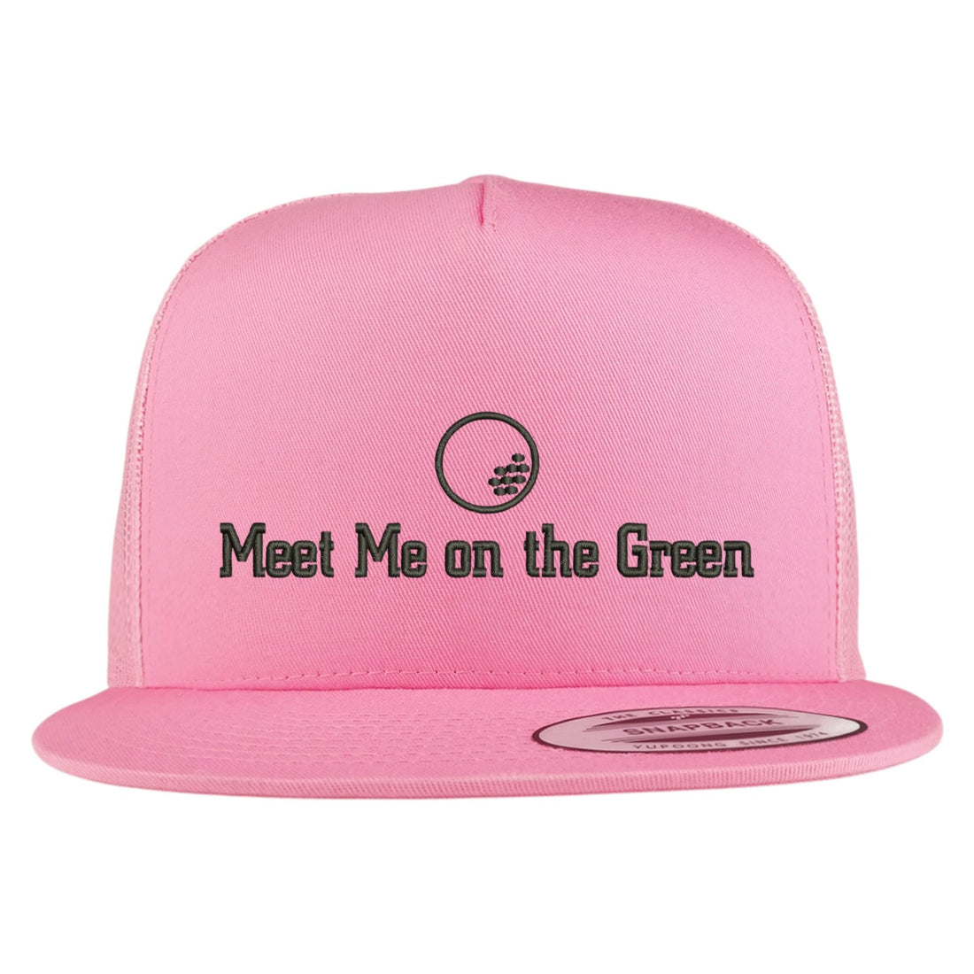 Trendy Apparel Shop Meet Me on the Green Embroidered 5 Panel Flatbill Trucker Mesh Cap