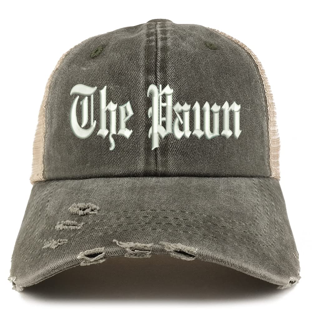 Trendy Apparel Shop The Pawn Old English Embroidered Frayed Bill Trucker Mesh Back Cap