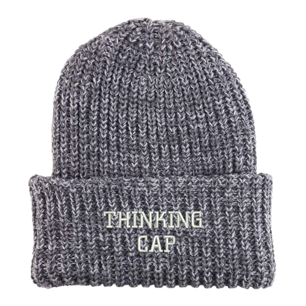 Trendy Apparel Shop Thinking Cap Embroidered Long Cuffed Thick Ribbed Beanie
