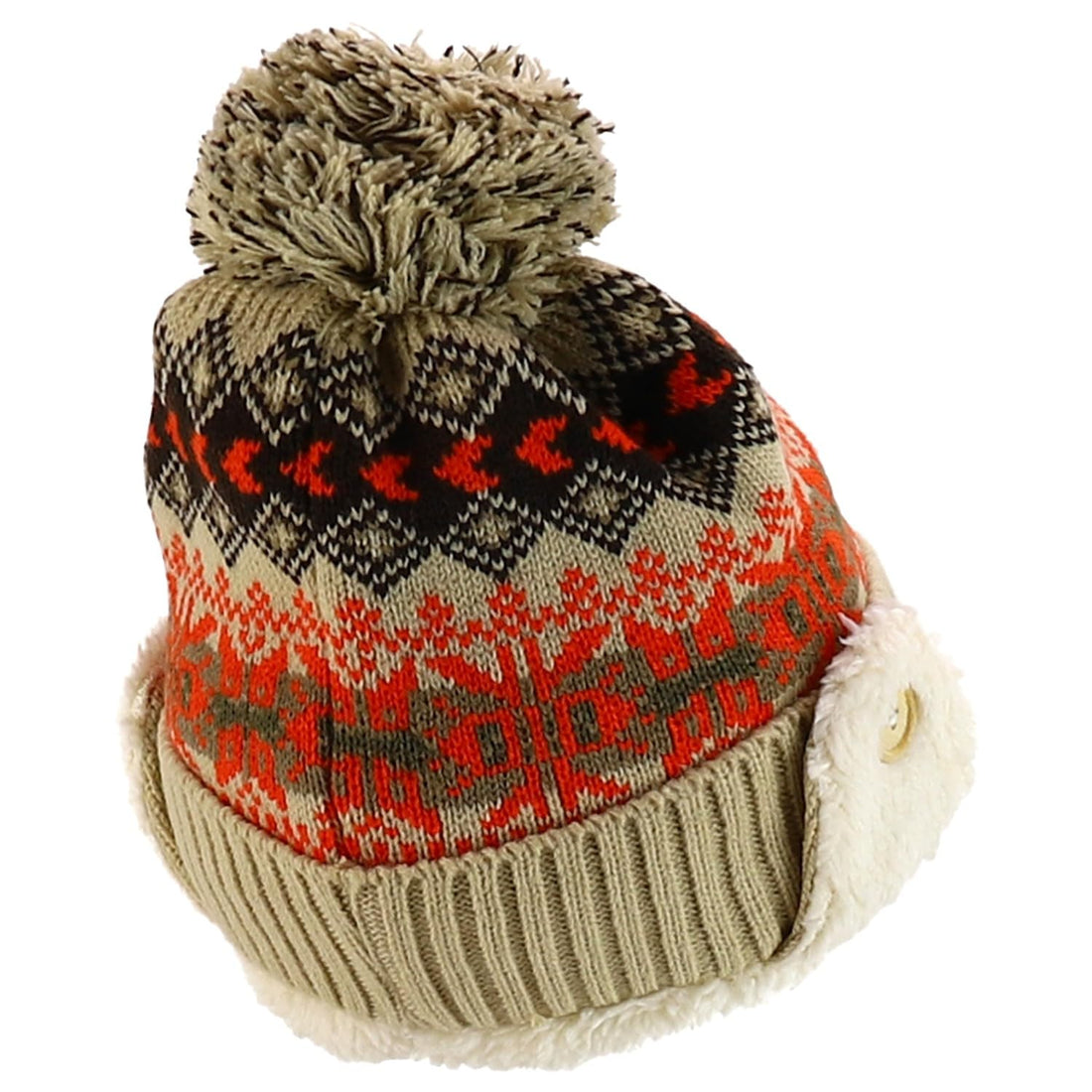 Trendy Apparel Shop Youth Size Kid's Warm Acrylic Brim Knit Winter Print Trapper Hat with Pom Pom