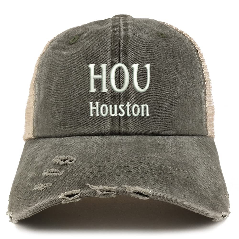 Trendy Apparel Shop HOU Houston Embroidered Frayed Bill Trucker Mesh Back Cap