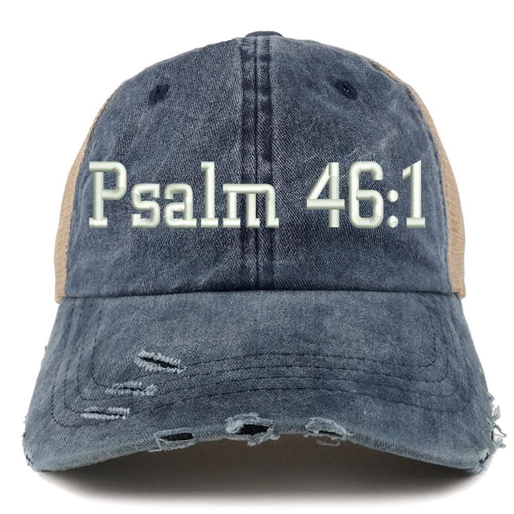 Trendy Apparel Shop Psalm 46:1 Frayed Bill Trucker Mesh Back Cap