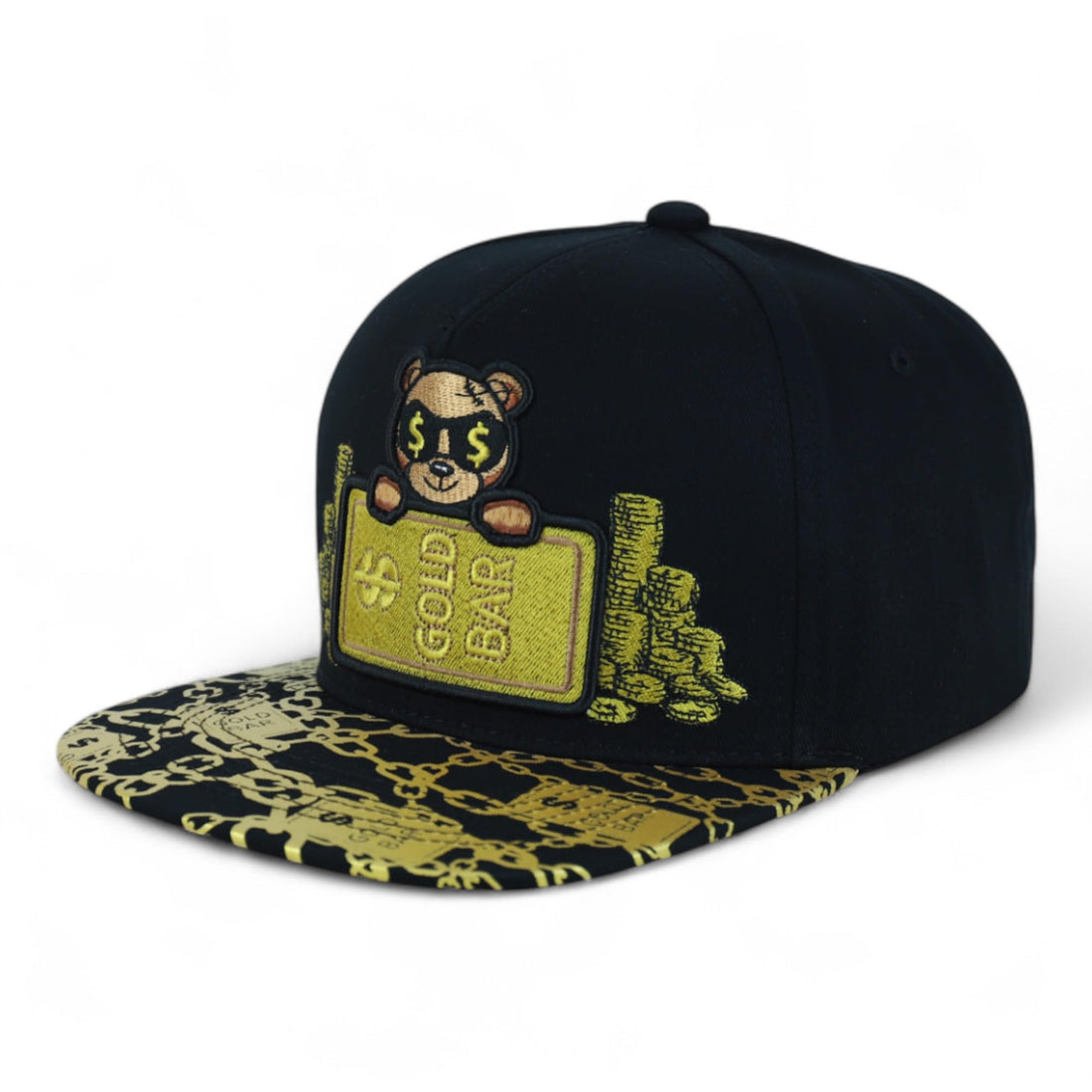 Trendy Apaprel Shop 5 Panel Bear Money Design Embroidered Flatbill Snapback Cap