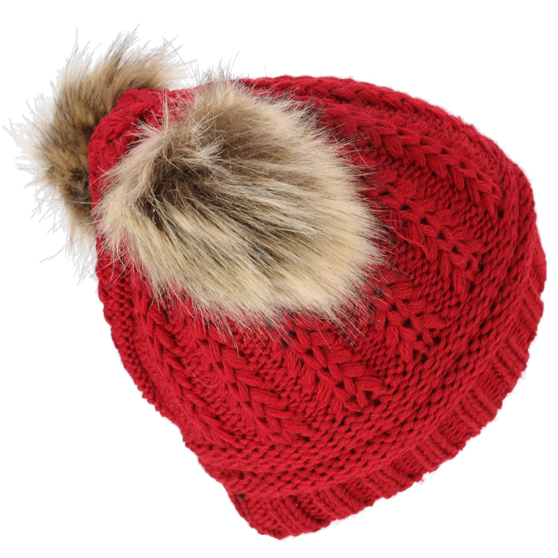 Trendy Apparel Shop Kid's Youth Size Girls Cable Knit Fur Pom Ears Beanie Hat