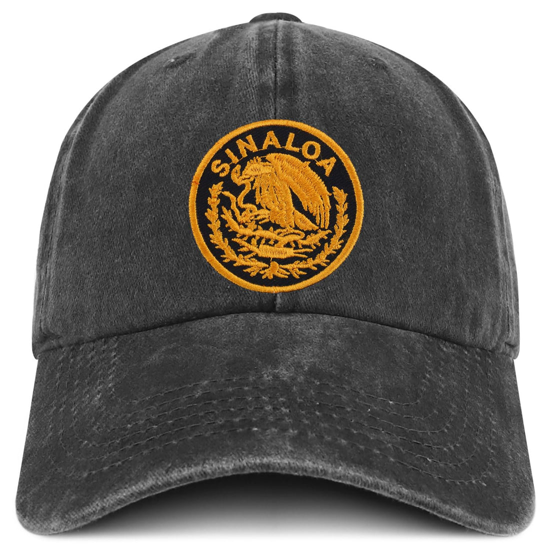 Trendy Apparel Shop Sinaloa Mexico Gold Embroidered Patch Pigment Dyed Washed Baseball Cap