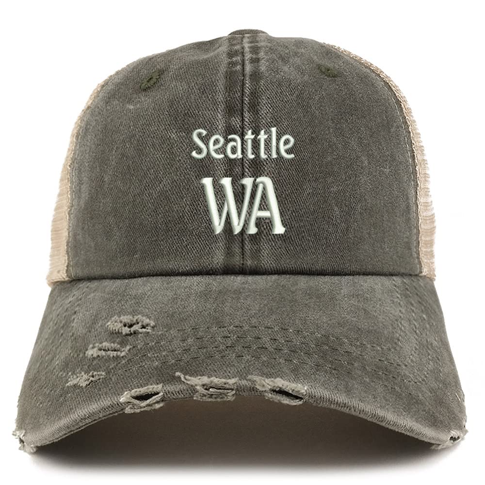 Trendy Apparel Shop Seattle WA Embroidered Frayed Bill Trucker Mesh Back Cap