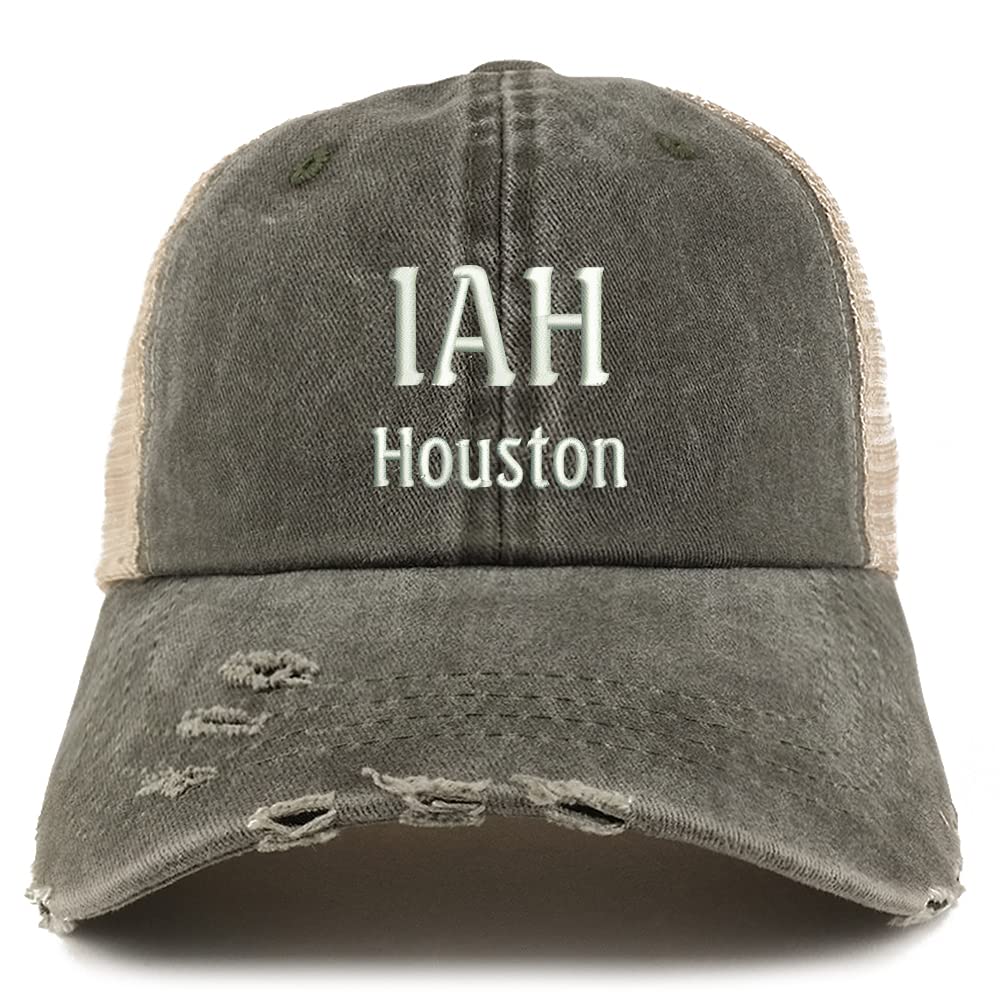 Trendy Apparel Shop IAH Houston Embroidered Frayed Bill Trucker Mesh Back Cap