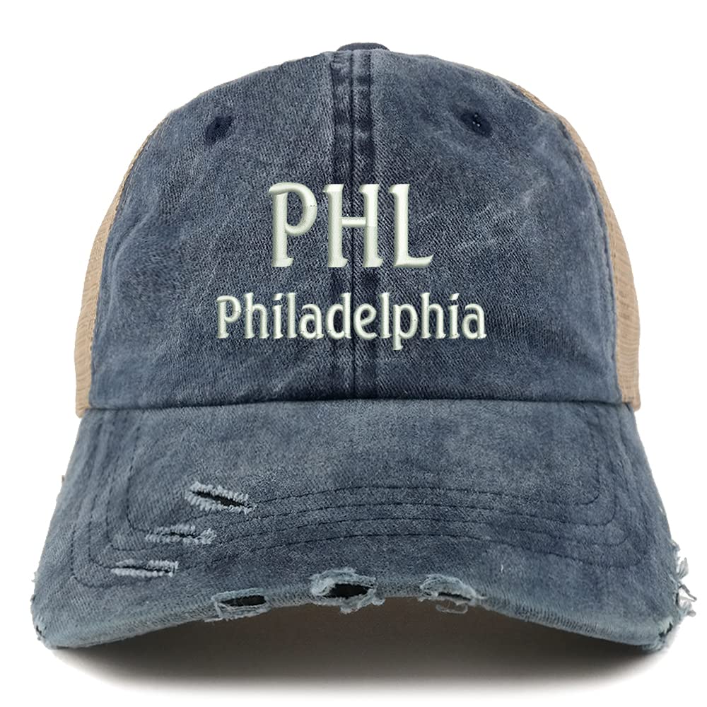 Trendy Apparel Shop PHL Philadelphia Embroidered Frayed Bill Trucker Mesh Back Cap
