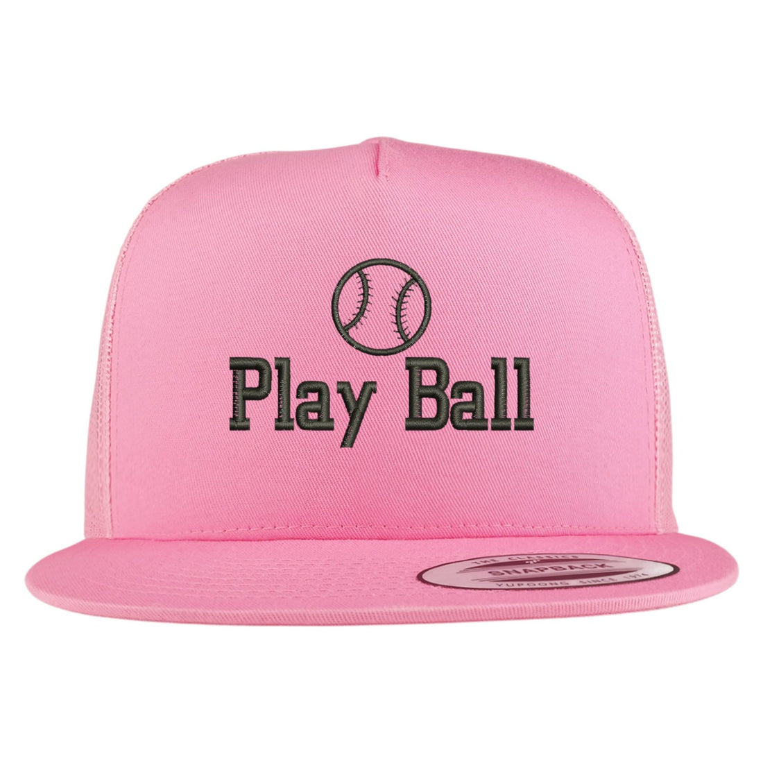 Trendy Apparel Shop Baseball Play Ball Embroidered 5 Panel Flatbill Trucker Mesh Cap