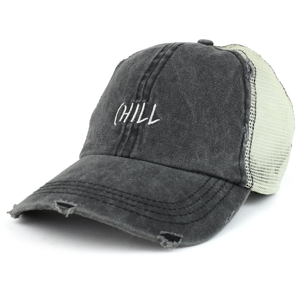 Trendy Apparel Shop Chill Embroidered Unstructured Washed Frayed Trucker Mesh Cap