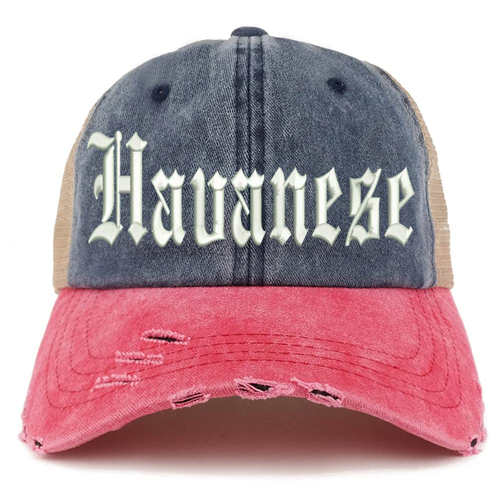 Trendy Apparel Shop Old English Havanese Frayed Bill Trucker Mesh Back Cap