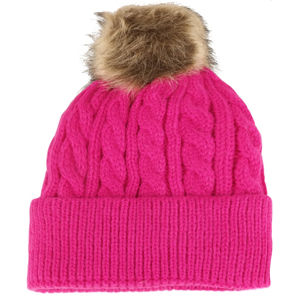 Trendy Apparel Shop Kid's Cable Knit Cuffed Up Fur Pom Winter Beanie