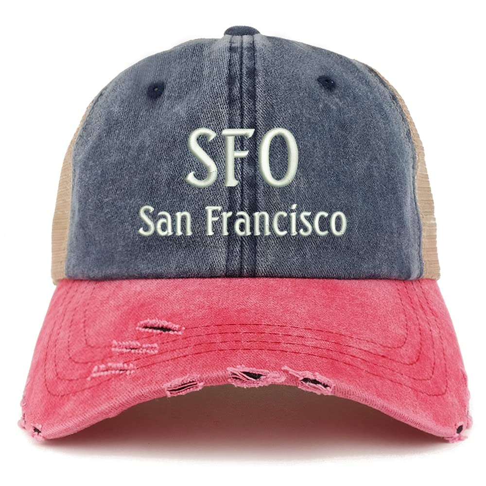 Trendy Apparel Shop SFO San Francisco Embroidered Frayed Bill Trucker Mesh Back Cap