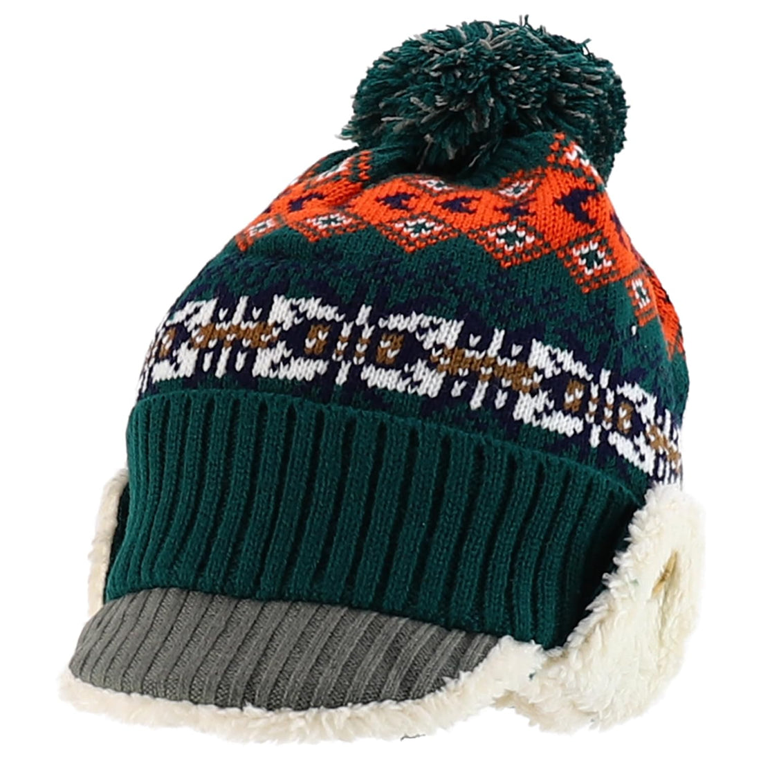 Trendy Apparel Shop Youth Size Kid's Warm Acrylic Brim Knit Winter Print Trapper Hat with Pom Pom