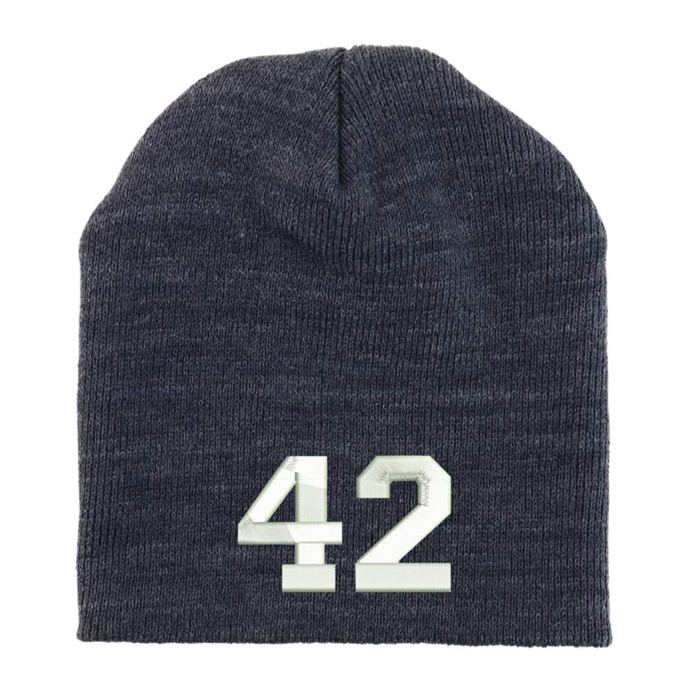 Trendy Apparel Shop Number 42 Collegiate Varsity Font Embroidered Made in USA Short Acrylic Knit Winter Beanie Hat