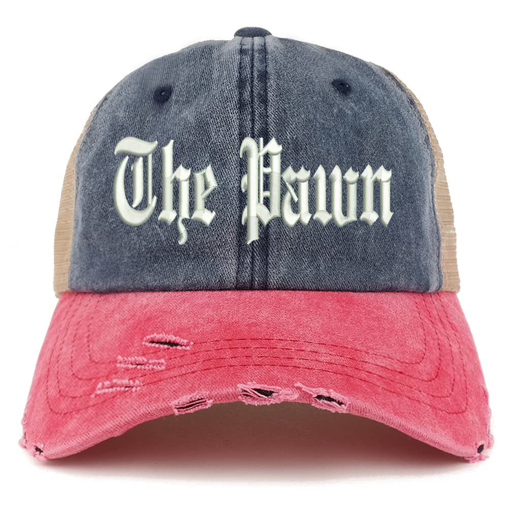 Trendy Apparel Shop The Pawn Old English Embroidered Frayed Bill Trucker Mesh Back Cap