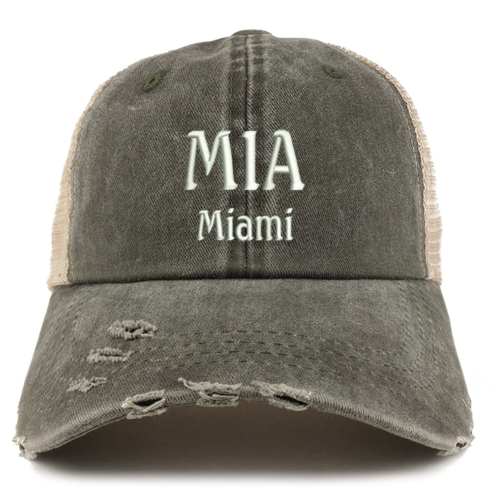 Trendy Apparel Shop MIA Miami Embroidered Frayed Bill Trucker Mesh Back Cap
