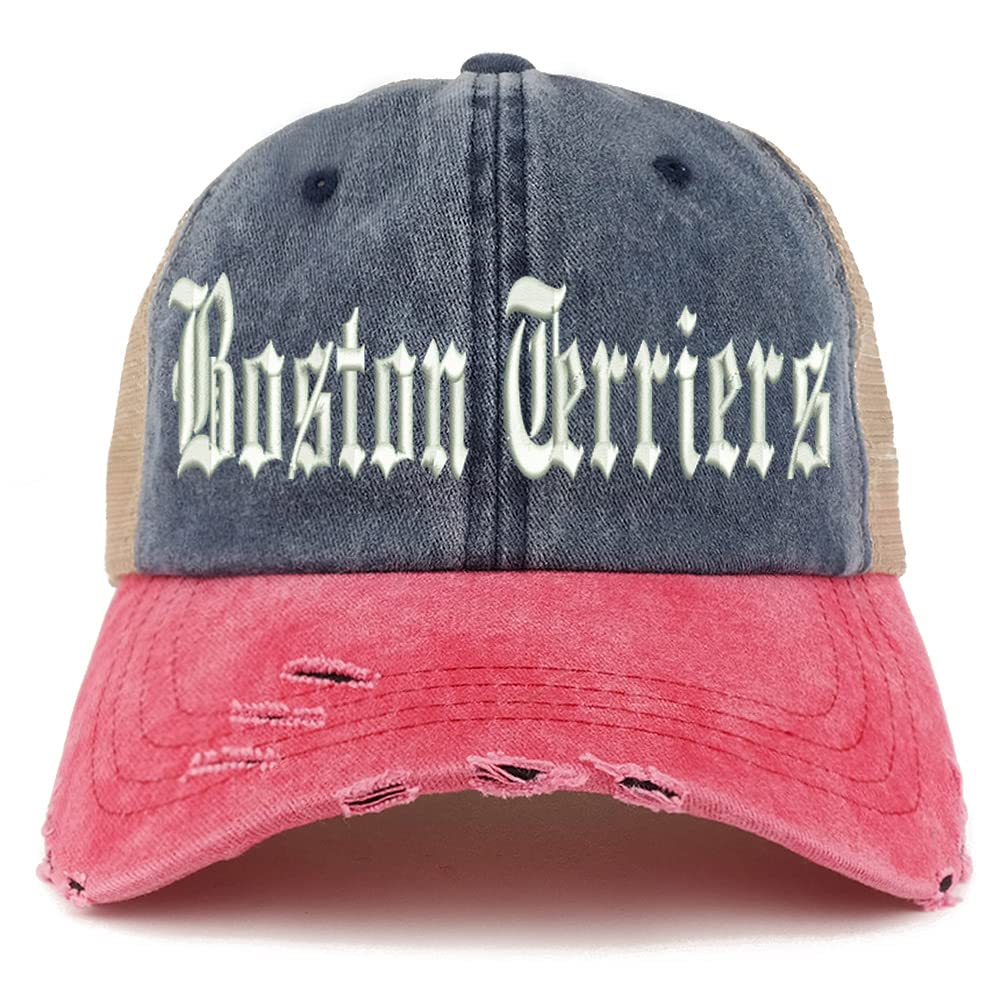 Trendy Apparel Shop Old English Boston Terriers Frayed Bill Trucker Mesh Back Cap