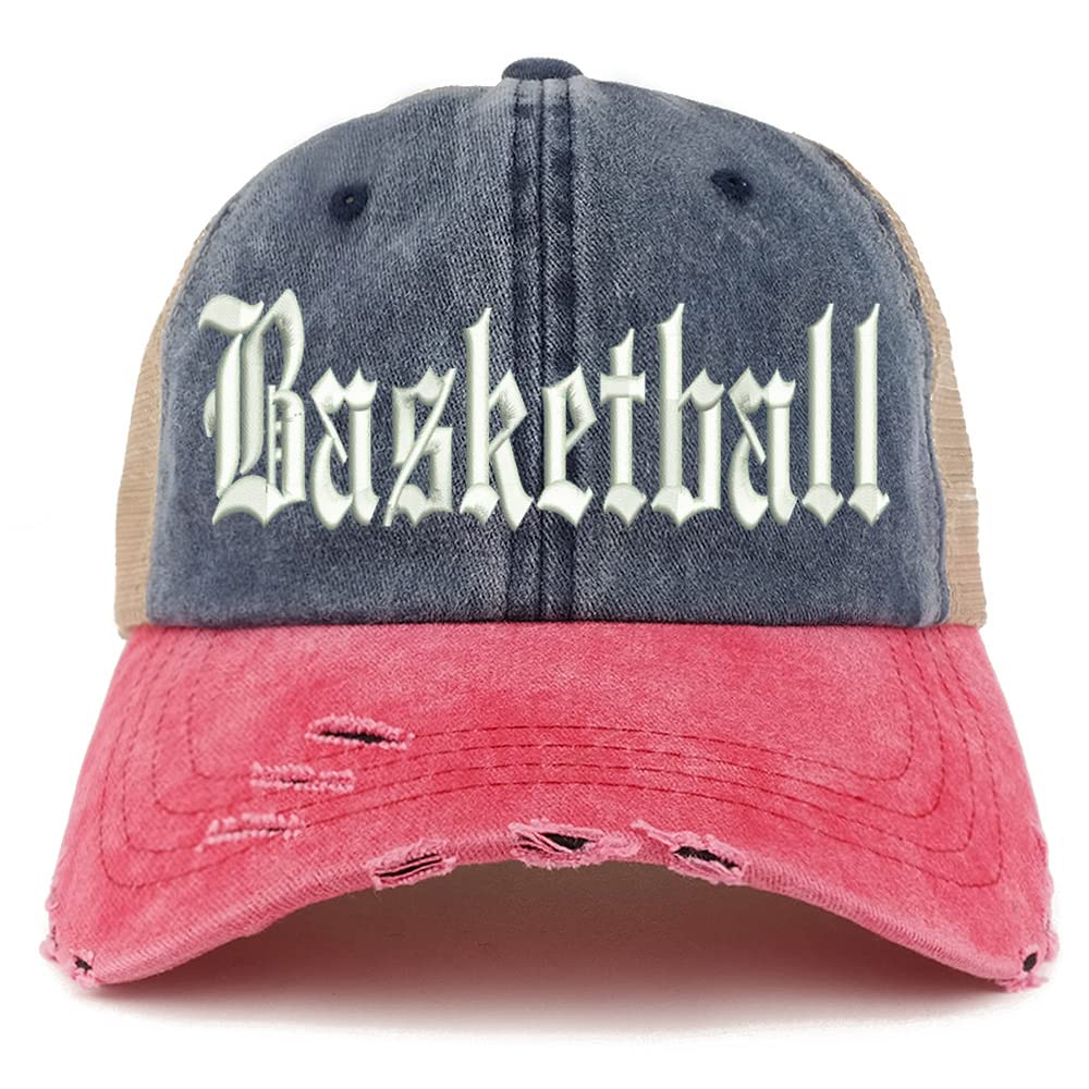 Trendy Apparel Shop Old English Basketball Frayed Bill Trucker Mesh Back Cap