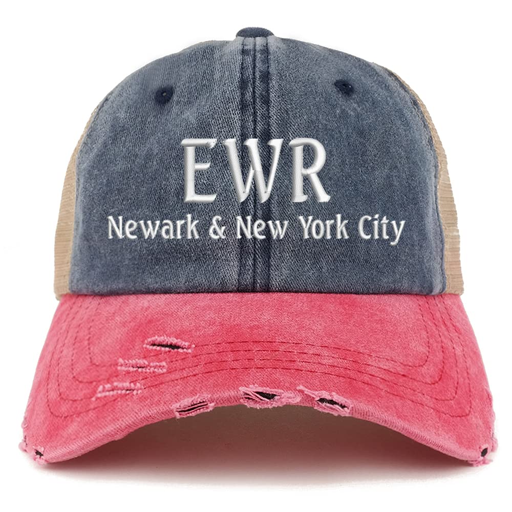 Trendy Apparel Shop EWR Newark and New York City Embroidered Frayed Bill Trucker Mesh Back Cap
