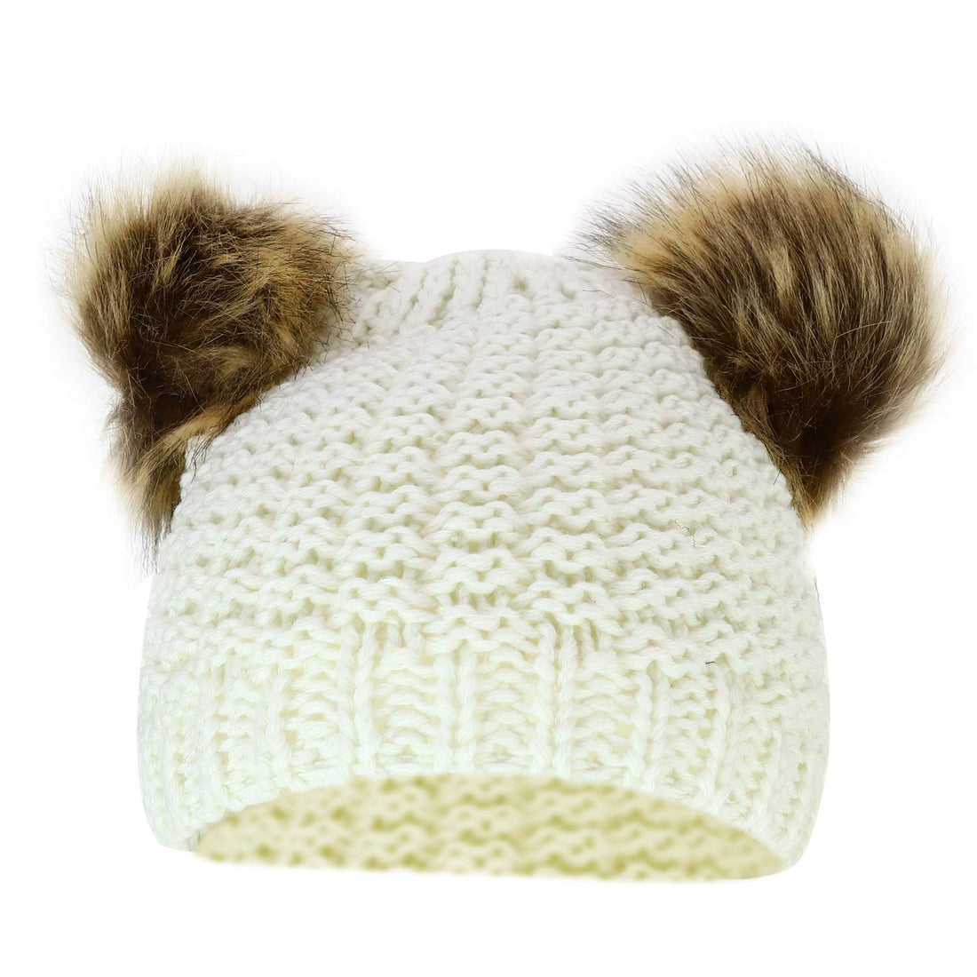 Trendy Apparel Shop Kid's Youth Size Girls Fur pom Ears Crochet Knit Beanie Hat