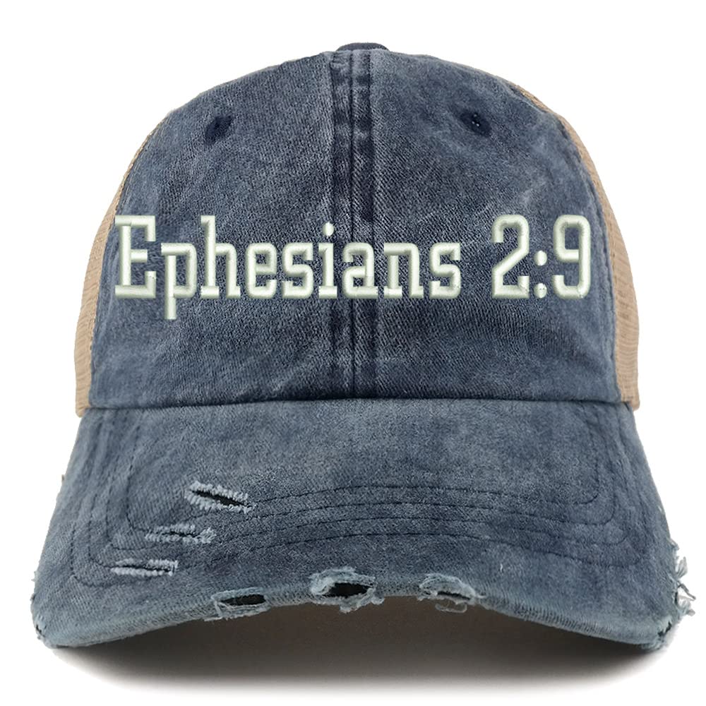 Trendy Apparel Shop Ephesians 2:9 Frayed Bill Trucker Mesh Back Cap