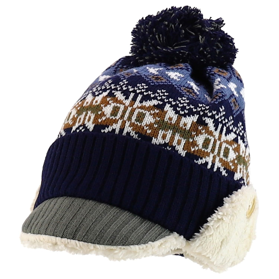 Trendy Apparel Shop Youth Size Kid's Warm Acrylic Brim Knit Winter Print Trapper Hat with Pom Pom