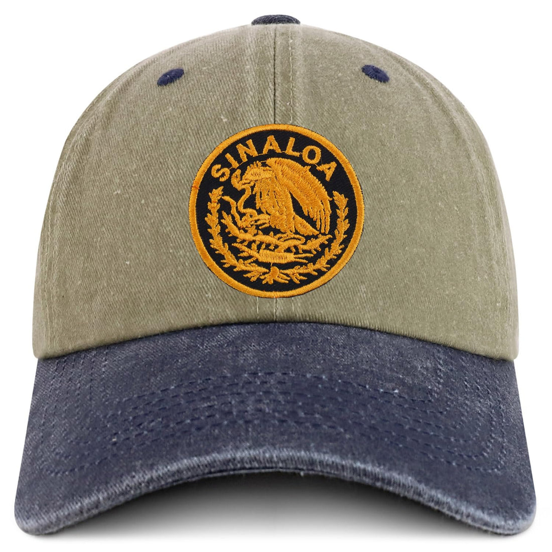 Trendy Apparel Shop Sinaloa Mexico Gold Embroidered Patch Pigment Dyed Washed Baseball Cap