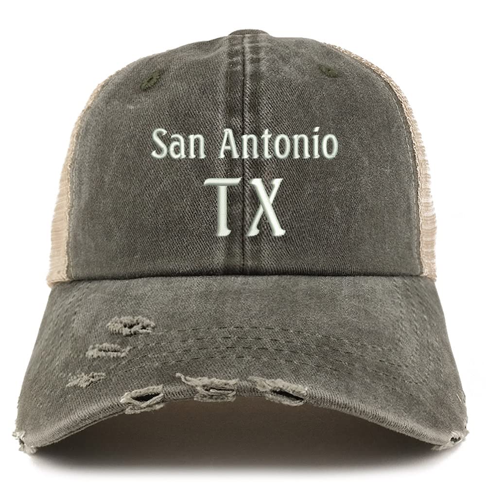 Trendy Apparel Shop San Antonio TX Embroidered Frayed Bill Trucker Mesh Back Cap