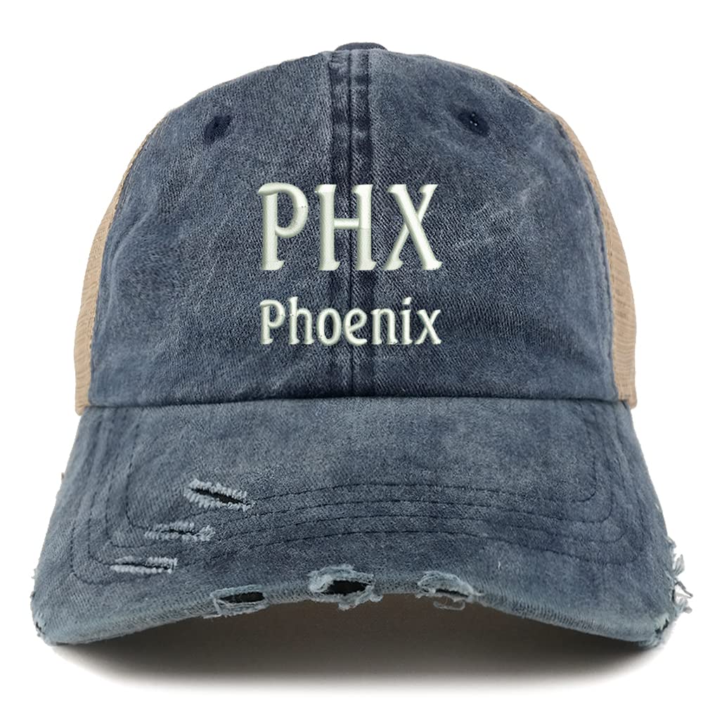Trendy Apparel Shop PHX Pheonix Embroidered Frayed Bill Trucker Mesh Back Cap