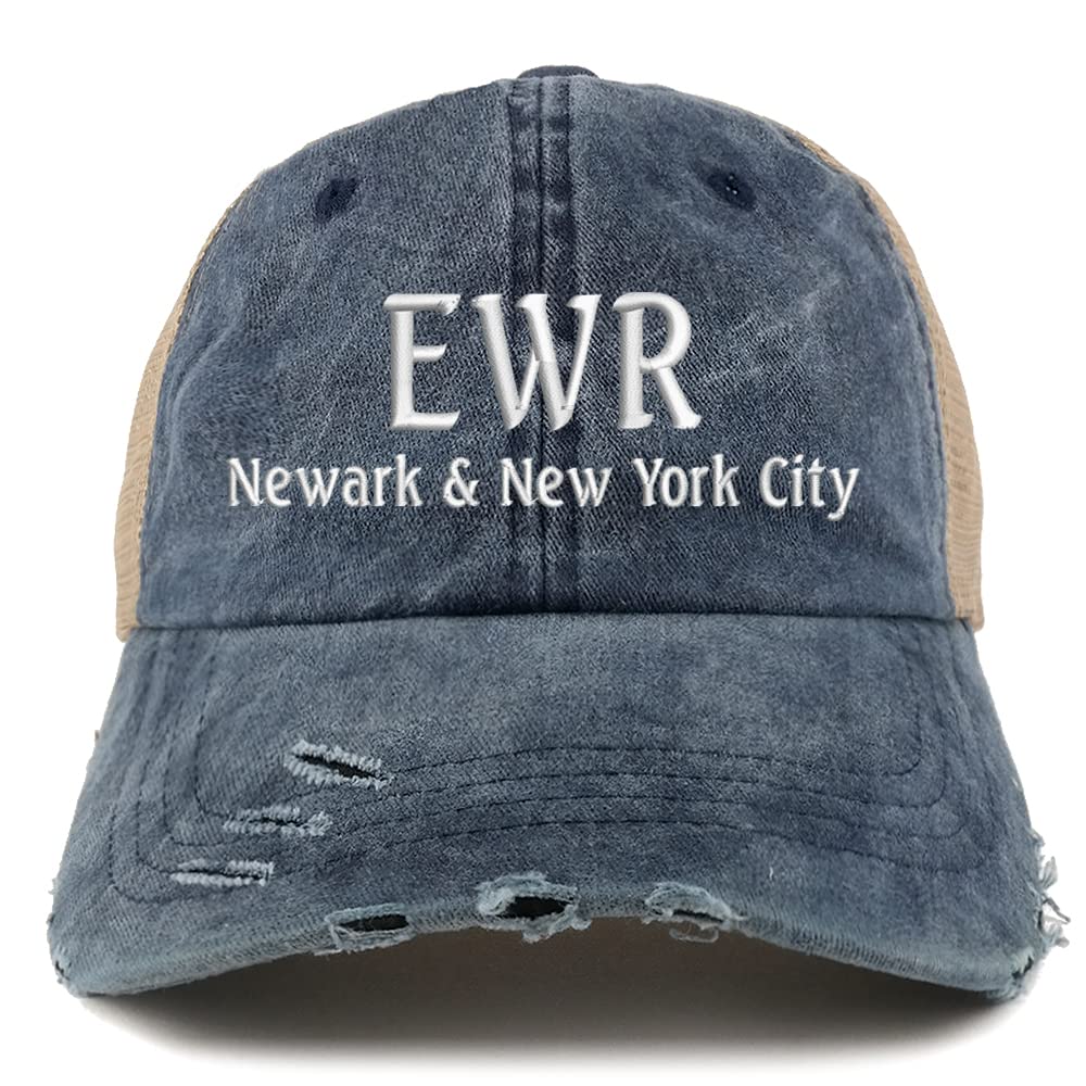 Trendy Apparel Shop EWR Newark and New York City Embroidered Frayed Bill Trucker Mesh Back Cap