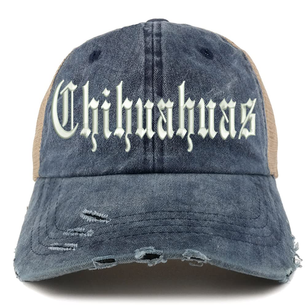 Trendy Apparel Shop Old English Chihuahuas Frayed Bill Trucker Mesh Back Cap