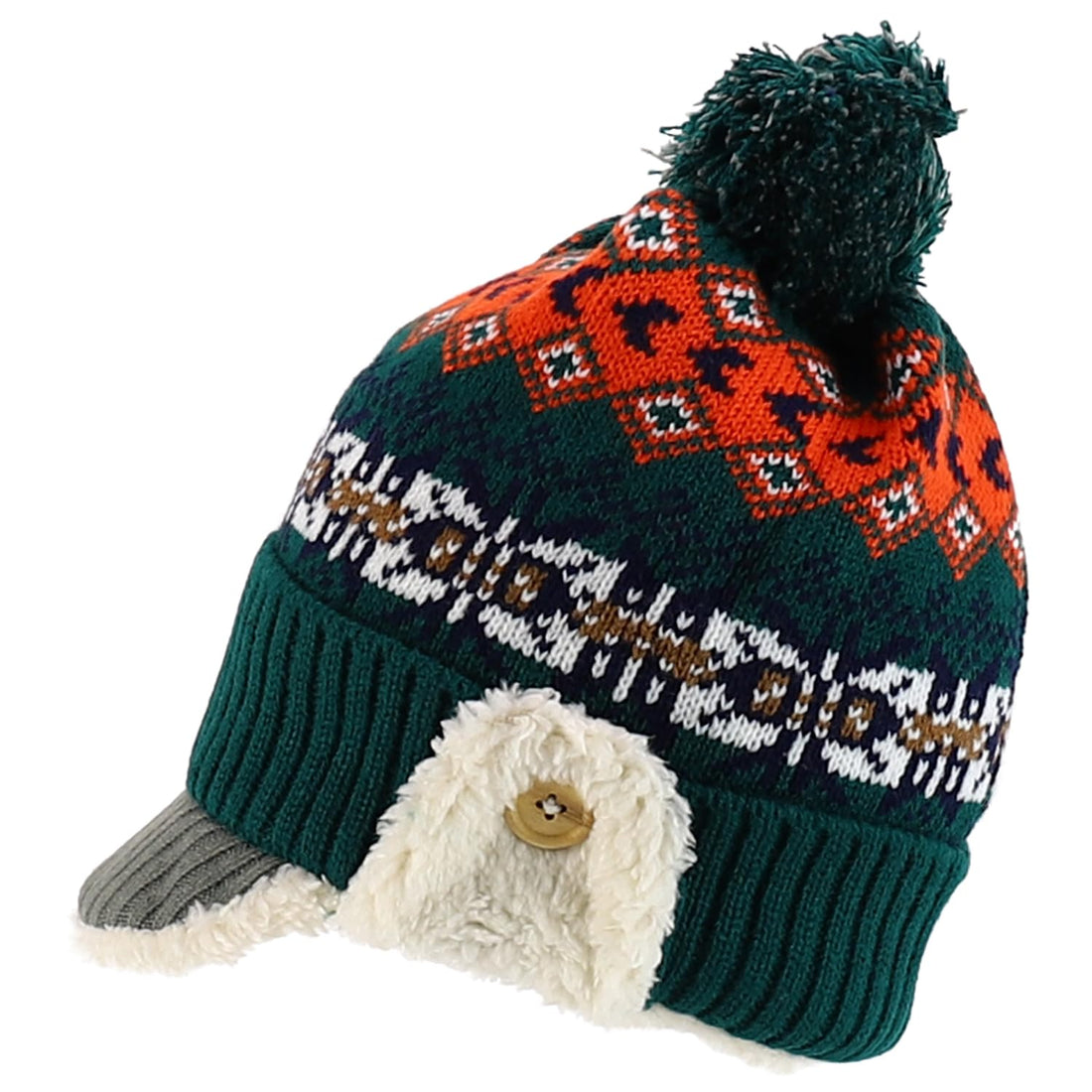 Trendy Apparel Shop Youth Size Kid's Warm Acrylic Brim Knit Winter Print Trapper Hat with Pom Pom