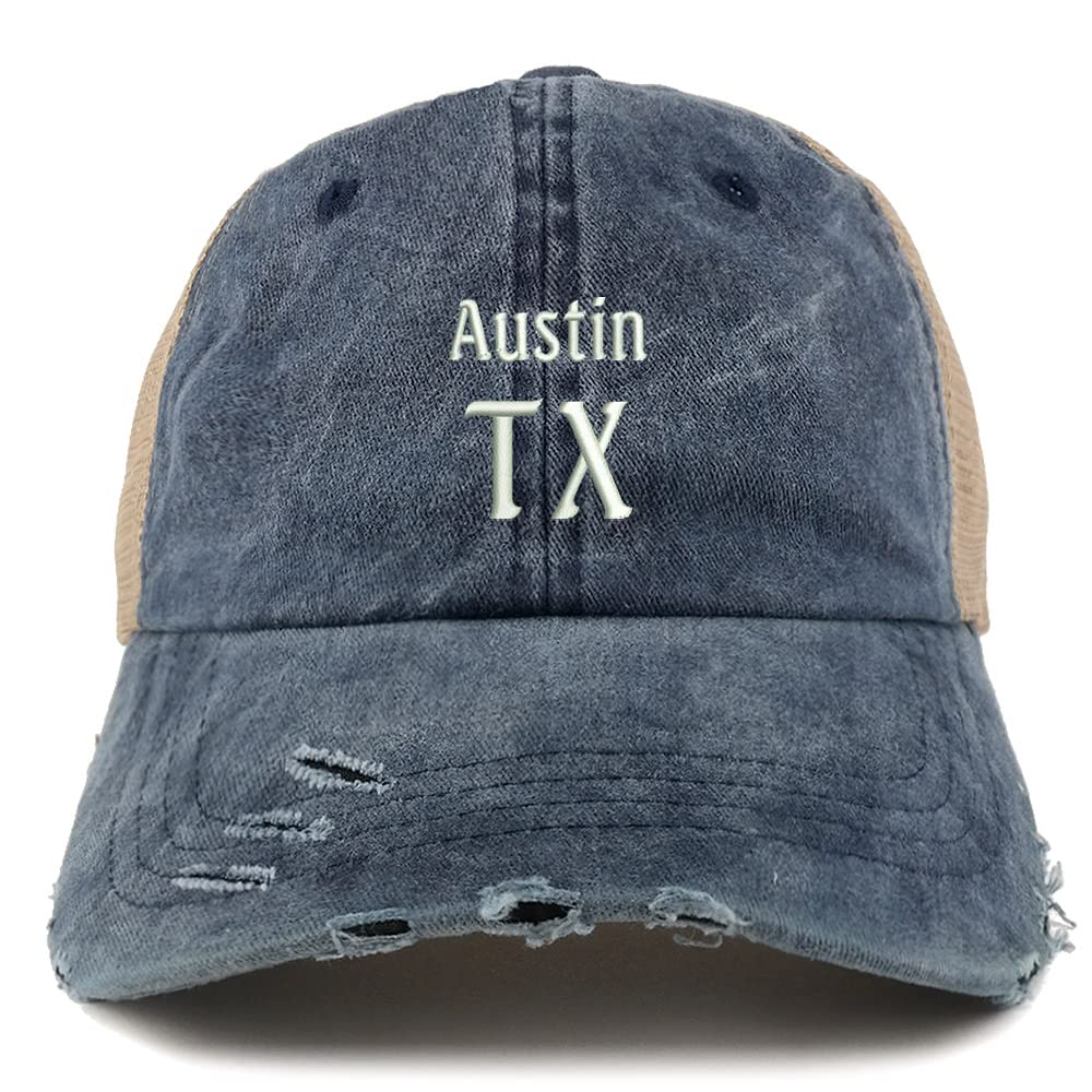 Trendy Apparel Shop Austin TX Embroidered Frayed Bill Trucker Mesh Back Cap