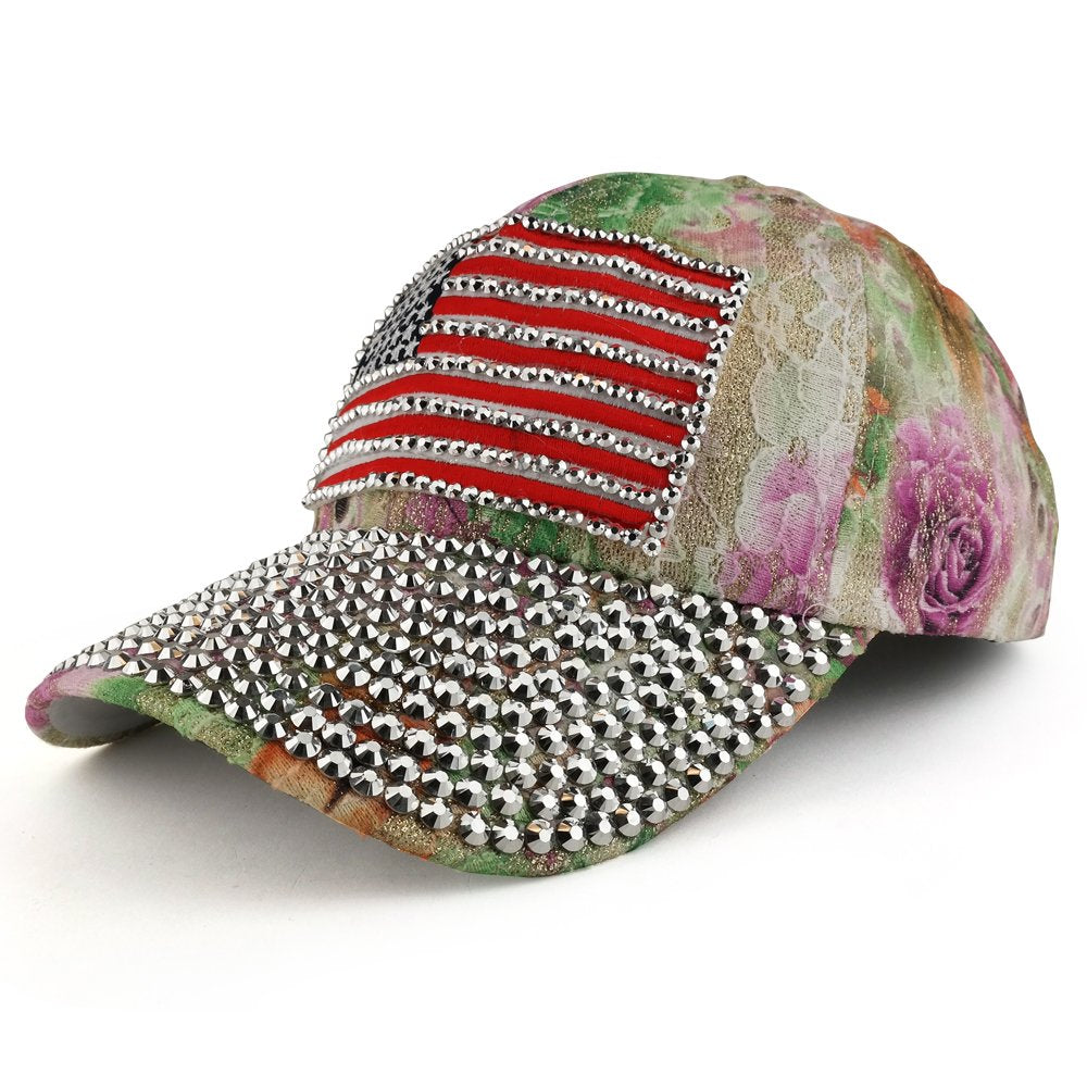 Trendy Apparel Shop Bling Studded USA Flag Floral Laced Structured Baseball Cap