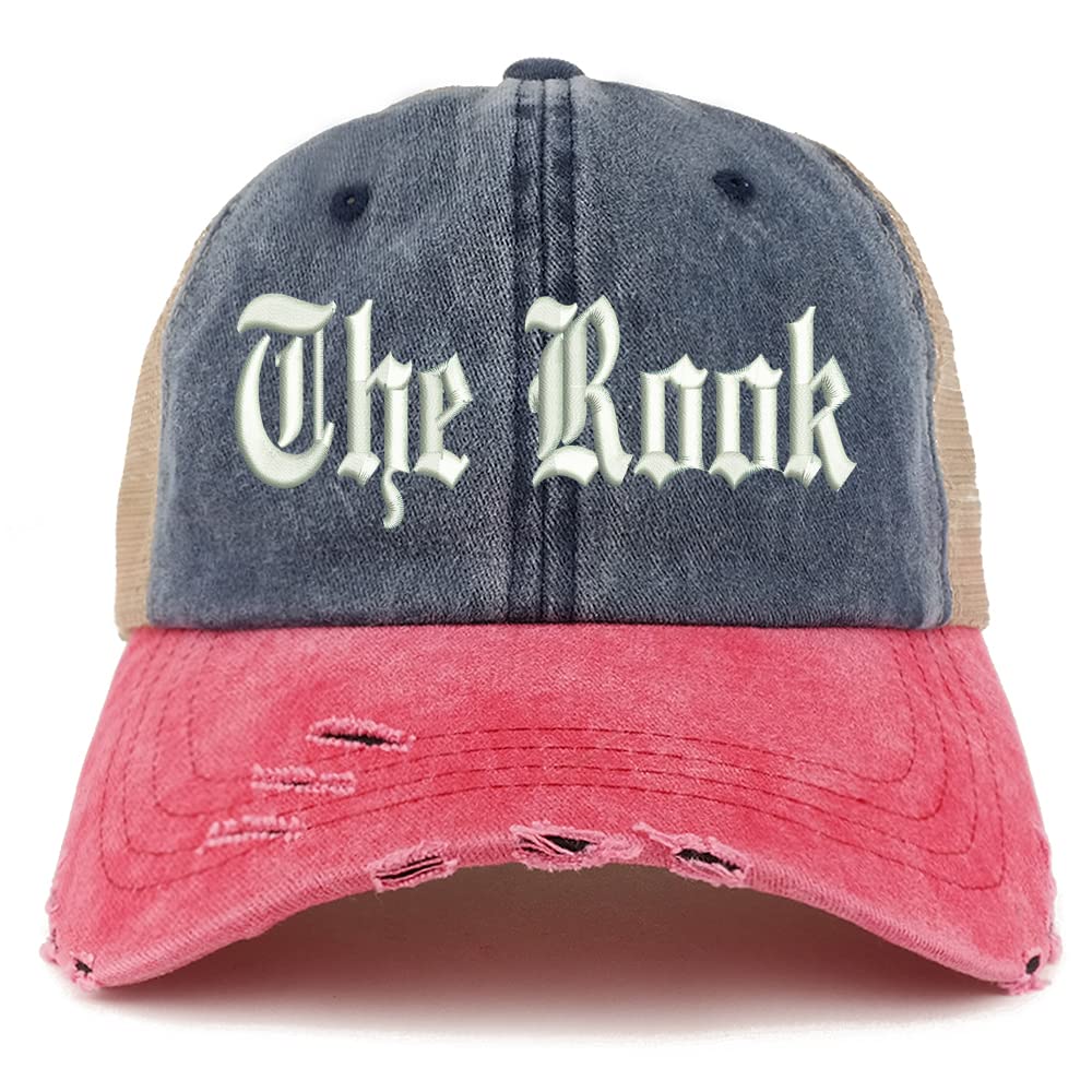 Trendy Apparel Shop The Rook Old English Embroidered Frayed Bill Trucker Mesh Back Cap